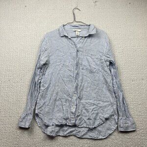 H&M Button Up Shirt Womens Size S White /  Blue Striped Linen Long Sleeve Preppy